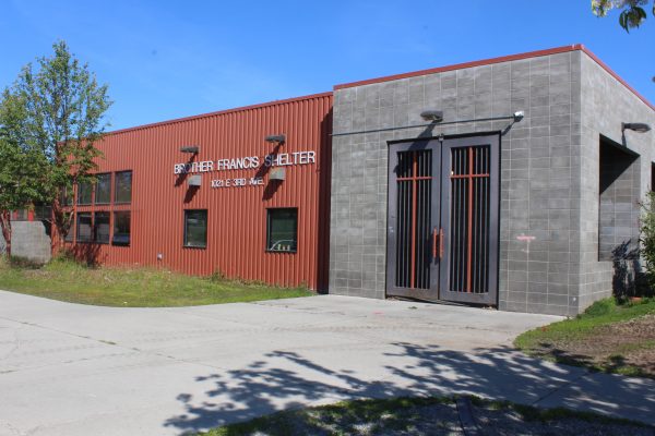 A boxy red and gray building