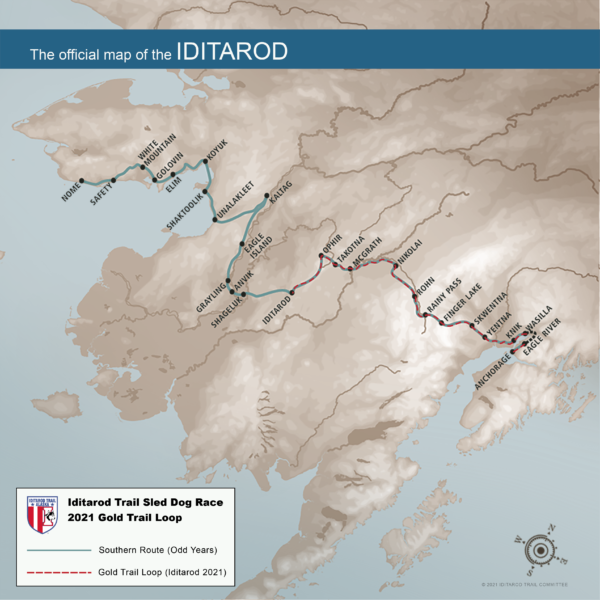 en karta visar den nya tävlingsvägen för 2021 Iditarod Trail Sled Dog Race. En röd linje ormar från Anchroage till runt Iditarod och tillbaka.