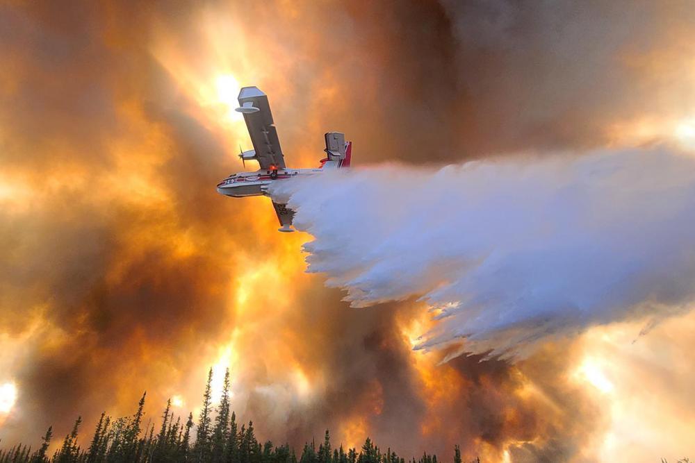 a plane drops water on a wildfire that tops trees